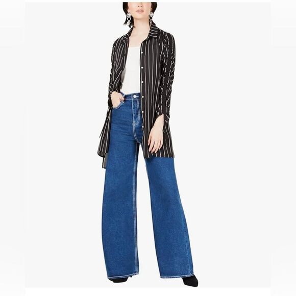 Bar II Women's Pinstripe Button Up Tunic. Ruched tie sleeves, High- to Tunic. - Picture 2 of 6